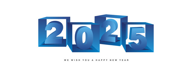 2025 New Year greeting card. Abstract blue dice cubes with 3d letters 2025 on white isolated background banner