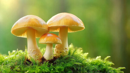 Fototapeta premium Mushrooms growing on vibrant green moss in a serene forest setting evoking themes of growth renewal and connection to nature symbolizing resilience and the interconnectedness of ecosystems