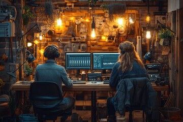 Podcast Hosts Young Woman Interviewing Man at Wooden Table in Cozy Studio with Warm Lighting