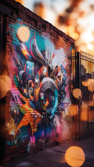 Naklejka premium A colorful graffiti mural painted on a brick wall, featuring a surreal blend of abstract shapes, vibrant colors, and futuristic elements, symbolizing creativity, rebellion, and urban expression.