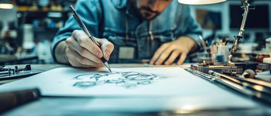 Obraz premium A person sketching on paper in a creative workspace filled with tools and materials.
