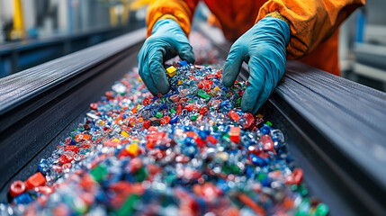 Obraz premium Workers gloved hands meticulously sorting recycled plastic showcasing teamwork sustainability and environmental responsibility in an industrial recycling center emphasizing the importance of waste man