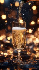 Champagne Glass Pouring Golden Bubbles in Elegant Setting with Luxurious Background and Sparkling Lights