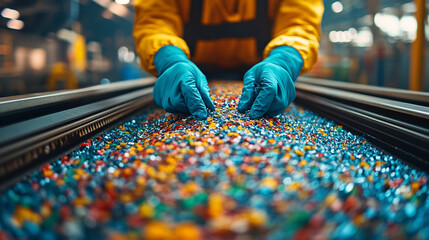 Workers gloved hands meticulously sorting recycled plastic showcasing teamwork sustainability and environmental responsibility in an industrial recycling center emphasizing the importance of waste man