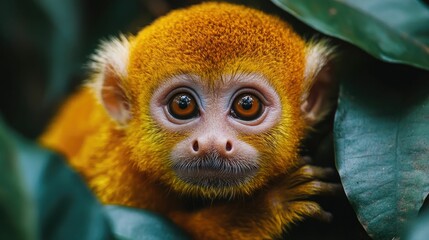 Fototapeta premium Captivating close up portrait of a curious primate likely a species of monkey nestled amidst the lush verdant foliage of a vibrant rainforest environment