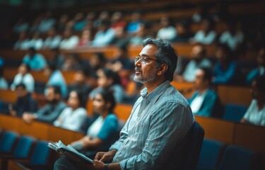 Fototapeta premium An Indian male professor is giving a lecture in the university auditorium to students.