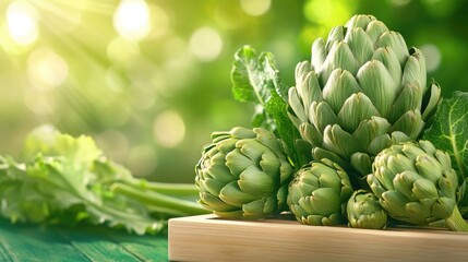 Fototapeta premium Fresh artichokes on wooden tray with sunlit green background
