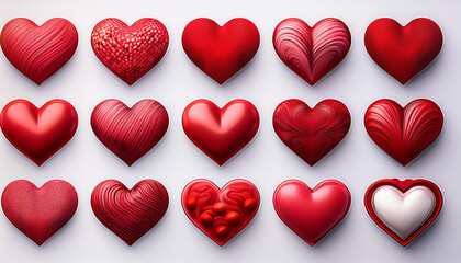 Fototapeta premium Set of hearts in red color, Red heart icons set vector, Set of 15 hearts of different shapes