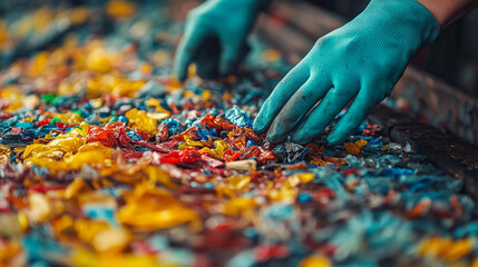 Workers gloved hands meticulously sorting recycled plastic showcasing teamwork sustainability and environmental responsibility in an industrial recycling center emphasizing the importance of waste man