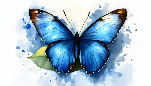 Vibrant blue morpho butterfly on leaf, watercolor background.