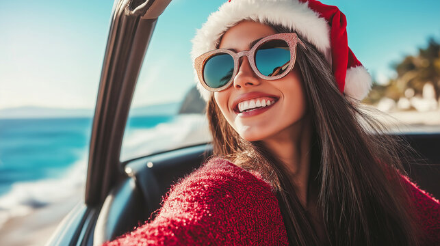 Portrait of a smiling woman wearing a red hat, enjoying the outdoors on a sunny day, ก
Long holiday travel concept.