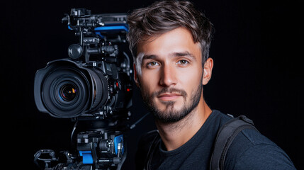 A young man poses confidently with a professional camera, showcasing his skills in photography and videography against a dark background.