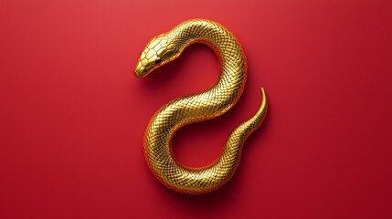 Fototapeta premium Golden Snake Illustration with Baroque-Inspired Elegant Poster Layout and Minimalistic Red Backdrop with Glowing Accents