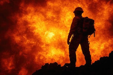 Naklejka premium A construction worker silhouette stands confidently against a vivid backdrop of flames, representing the determination and spirit of labor in harsh conditions