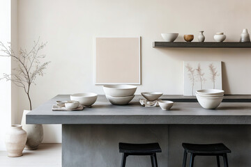 Stylish Japandi Dining Setup in a Kitchen with Gray Stone Countertop and Black Metal Stools for Contemporary Aesthetics