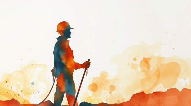 A construction worker silhouette stands confidently against a vivid sunset background, holding tools, symbolizing hard work and dedication in the construction industry