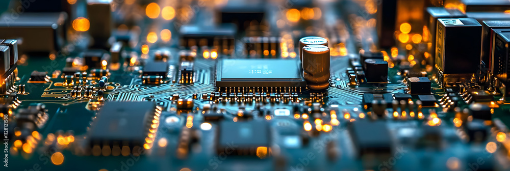 Poster a circuit board manufacturing line with machines precisely placing and soldering tiny electronic com