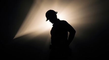 A construction worker stands confidently, silhouetted against dramatic lighting, showcasing dedication and hard work in the twilight hours of a bustling site