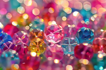 Colorful crystal beads scattered on a reflective surface with sparkling lights in a bright, vibrant setting