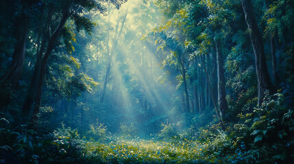 Obraz premium Illustrator of Misty morning sunlight filtering through the forest trees