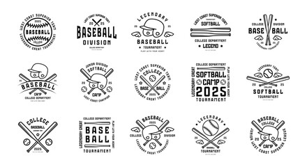 Labels set of baseball and softball game. Thin line style graphic design for t-shirt. Black print on white background