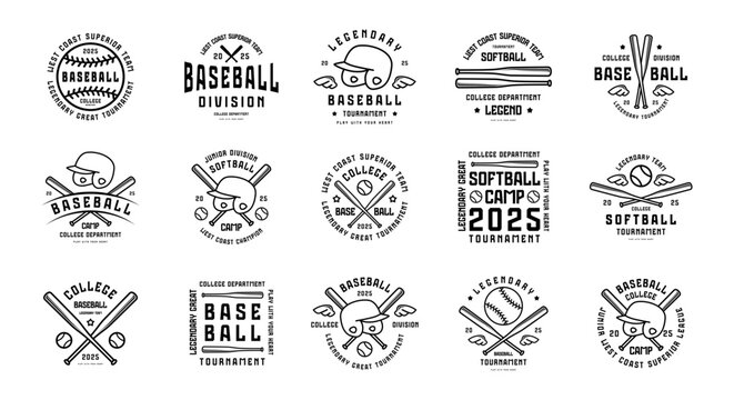 Labels set of baseball and softball game. Thin line style graphic design for t-shirt. Black print on white background