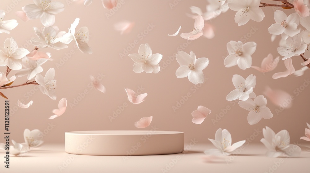 Poster soft cherry blossom petals float gently in the air, surrounding a circular pedestal. the serene and 