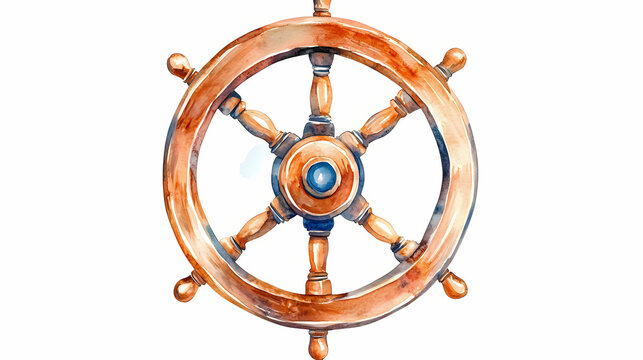 Cartoon helm illustration. watercolor wooden hand drawn wheel clipart isolated on white background. kids nautical illustartion. Nautical. Illustration