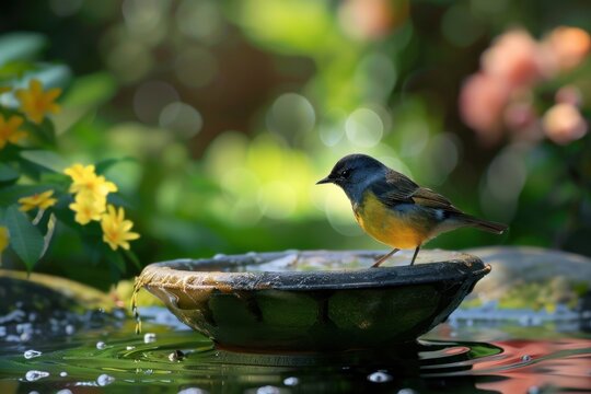 A small bird perches on the edge of a stone birdbath surrounded by lush greenery and flowers during a sunny afternoon