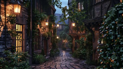 Fototapeta premium A quiet city alley with ivy-covered walls and a cobblestone path, illuminated by soft lantern lights