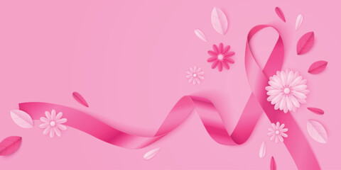 Breast cancer awareness banner template. Vector realistic illustration of silk ribbon loop, flower petals and leaves on pink background, women health medical campaign, charity project poster layout