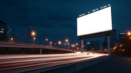A large white billboard glows above a highway at night, its brightness contrasting with the darkened cityscape. Below, vivid light trails from moving cars streak across the frame. A distant bridge