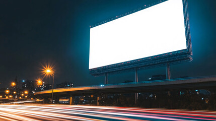 A towering blank billboard shines brightly above a busy city highway at night. Below, the highway is alive with motion as colorful vehicle light trails streak across it. A nearby bridge and glowing