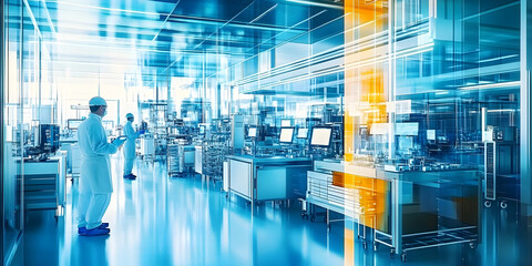 Fototapeta premium A modern electronics manufacturing plant with cleanrooms, precision equipment, and technicians assembling intricate electronic devices. Generative AI
