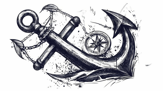 Nautical anchor tattoo design with compass in vintage dotwork style. Nautical. Illustration