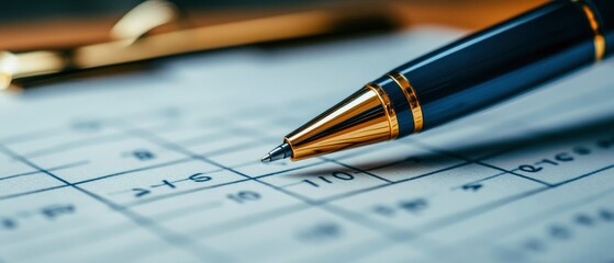 A close-up of a pen resting on a planner or calendar page, indicating organization and planning.