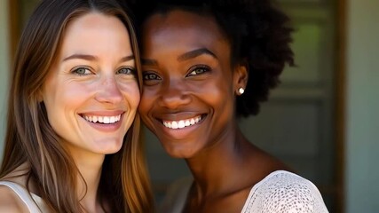 Caucasian and Black women friends smiling at the camera
