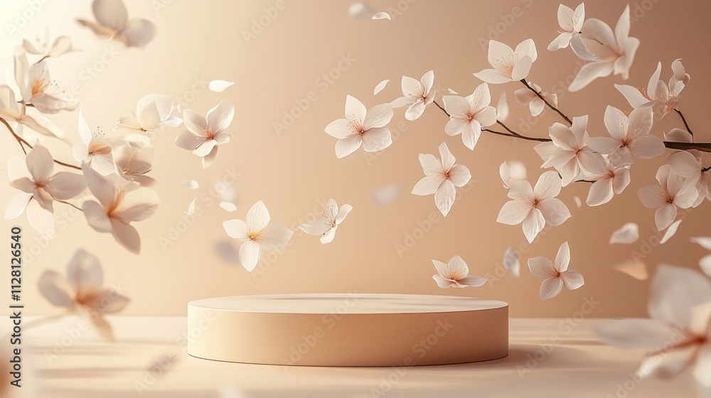 Poster soft, pale flowers gently float in midair, creating a tranquil atmosphere around a simple, elegant m