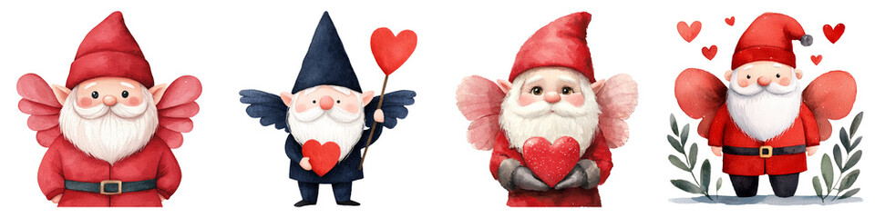 Gnome and Cupid Wings concept on transportation background. Valentine's Day gnomes with hearts