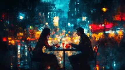 Romantic Couple Dining City Night Lights
