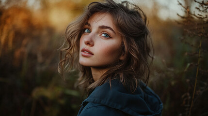 Fototapeta premium Young woman with curly hair poses in a natural outdoor setting during golden hour