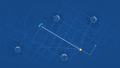 Abstract GPS navigation, smart car location and map pointer. City map featuring directional signs, an intended goal point and multiple markers. Vector illustration with route, alternative paths.