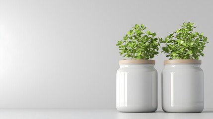 Fototapeta premium Green Plants in Modern White Containers