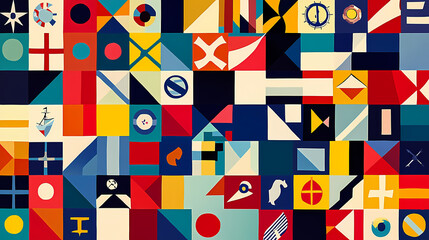 A colorful, abstract vector painting depicting a grid pattern of nautical signal flags. Nautical. Illustration