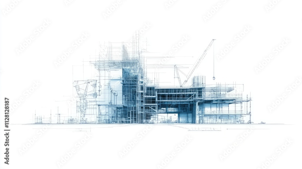 Poster A blueprint-style representation of a building under construction, with structural elements and tools placed against a pure white background