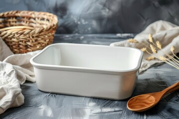 Empty white rectangular baking dish on a textured surface with a wooden spoon and a woven basket nearby