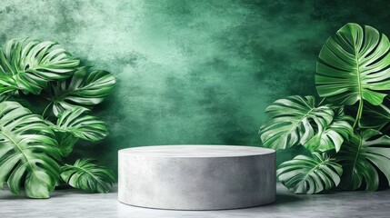 Round concrete table center room green wall background Tropical