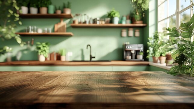 Wooden table foreground blurred background kitchen is center Top