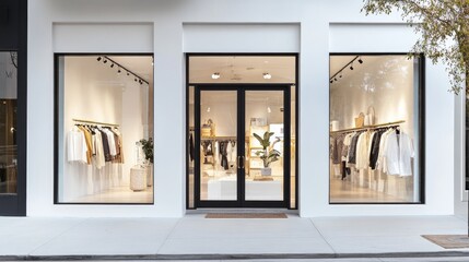 Fototapeta premium A bright white boutique storefront with large, clean display windows, displaying trendy outfits and stylish decor for a modern shopping experience