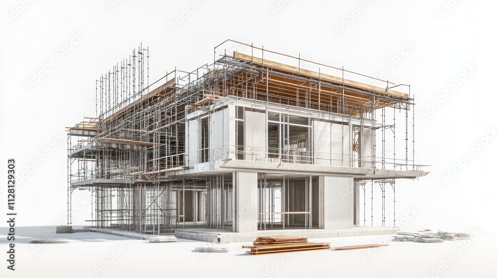 Poster a building under construction with scaffolding and construction materials on a white background, hig